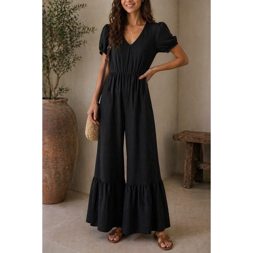 GeeGee Size Medium Jumpsuit Black Puff Sleeve Wide Leg Ruffle Hem 90s Y2K